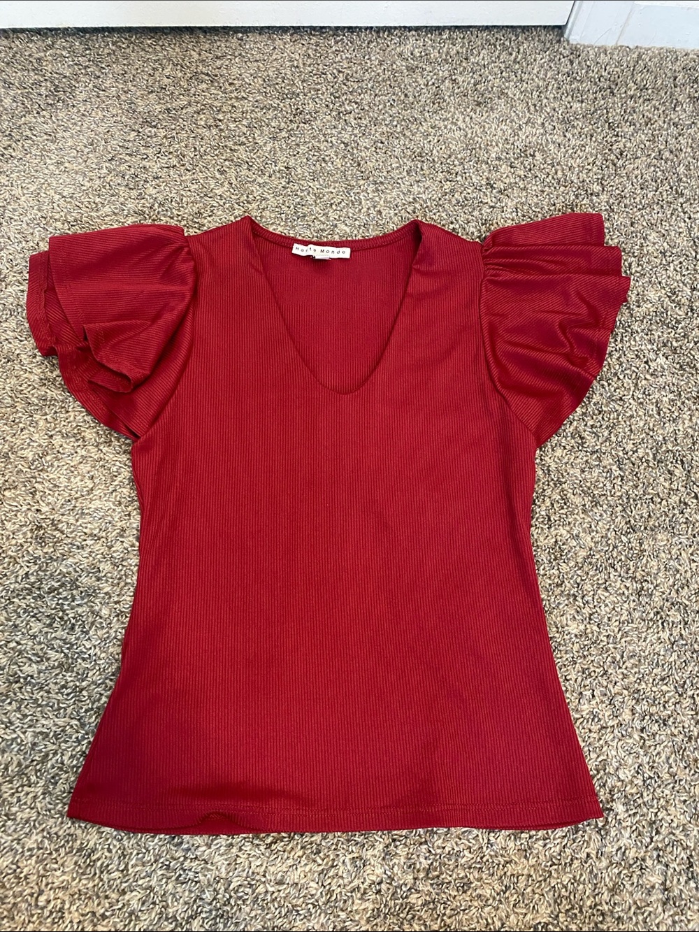 Haute Monde Red Burgundy Ruffle Flutter Sleeve V-Neck Knit Top Size S